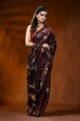 Cocoa bean handcrafted silk kantha saree with butterfly floral design 4
