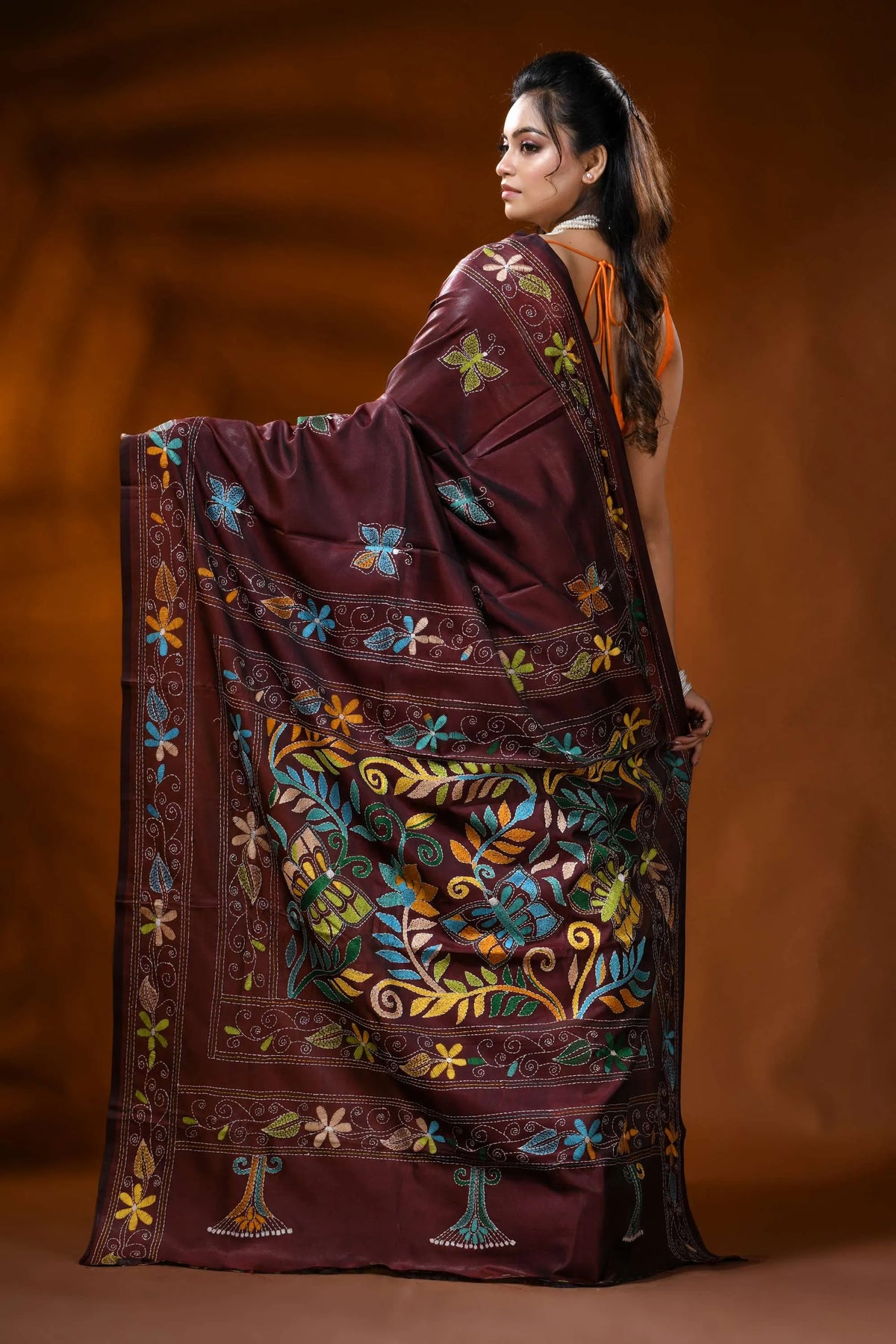 Cocoa bean handcrafted silk kantha saree with butterfly floral design 5