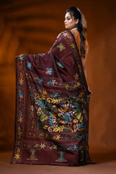Cocoa bean handcrafted silk kantha saree with butterfly floral design 5