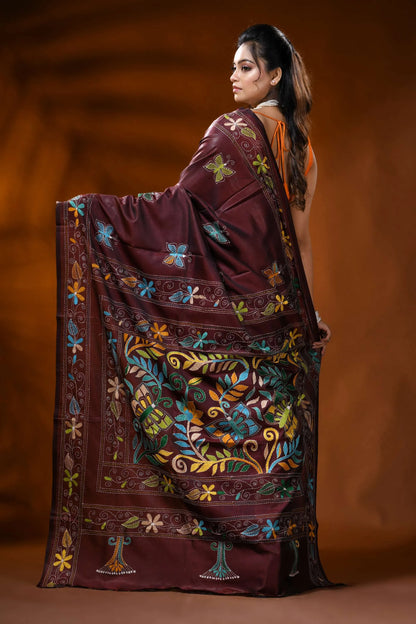 Cocoa bean handcrafted silk kantha saree with butterfly floral design 5