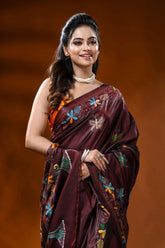 Cocoa bean handcrafted silk kantha saree with butterfly floral design 2
