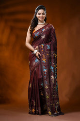 Cocoa bean handcrafted silk kantha saree with butterfly floral design 1