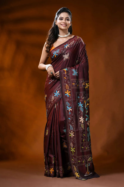 Cocoa bean handcrafted silk kantha saree with butterfly floral design 6