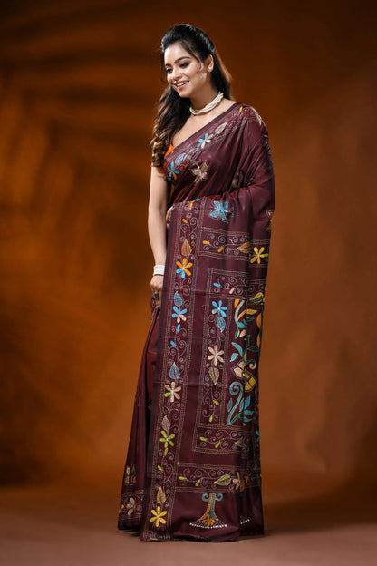 Cocoa bean handcrafted silk kantha saree with butterfly floral design 3
