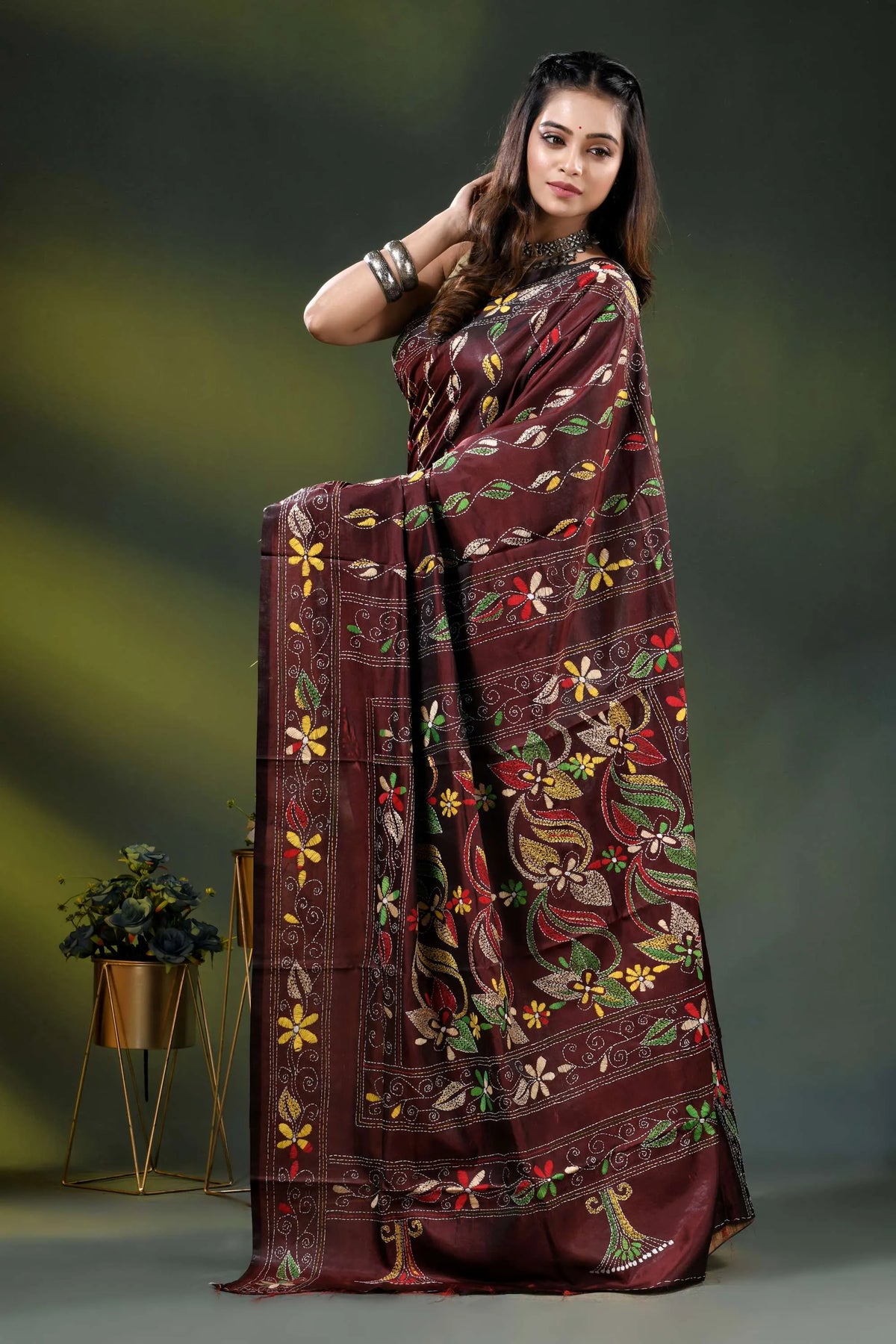 Cocoa bean silk kantha stitch saree with multicolor floral embroidery 3