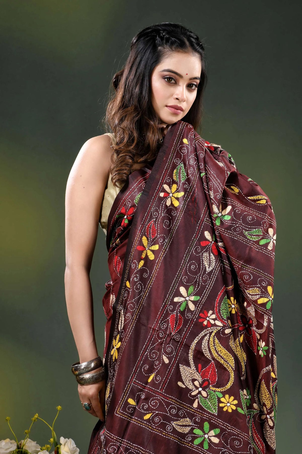 Cocoa bean silk kantha stitch saree with multicolor floral embroidery 2