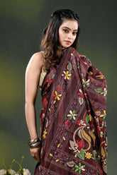 Cocoa bean silk kantha stitch saree with multicolor floral embroidery 2