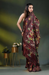 Cocoa bean silk kantha stitch saree with multicolor floral embroidery 5