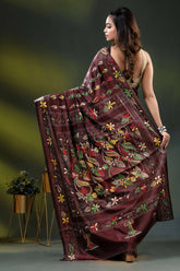 Cocoa bean silk kantha stitch saree with multicolor floral embroidery 4