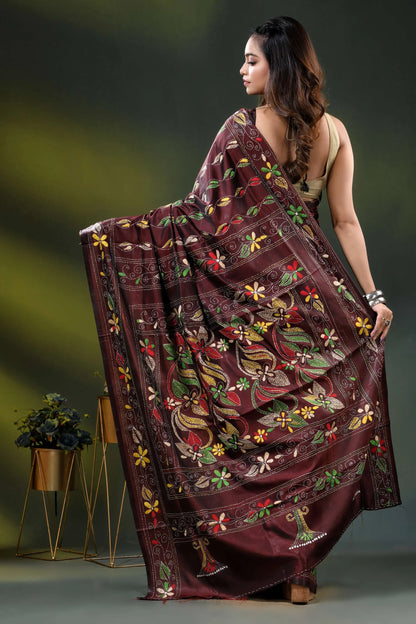 Cocoa bean silk kantha stitch saree with multicolor floral embroidery 4