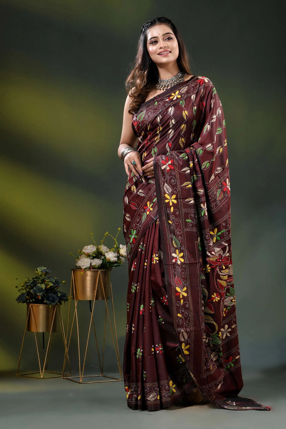 Cocoa bean silk kantha stitch saree with multicolor floral embroidery 6