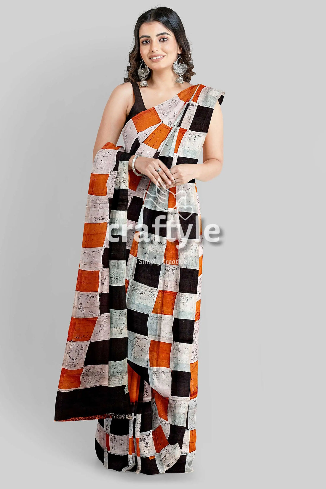 Cocoa brown and black hand batik mulberry pure silk saree - woman checkered saree 1