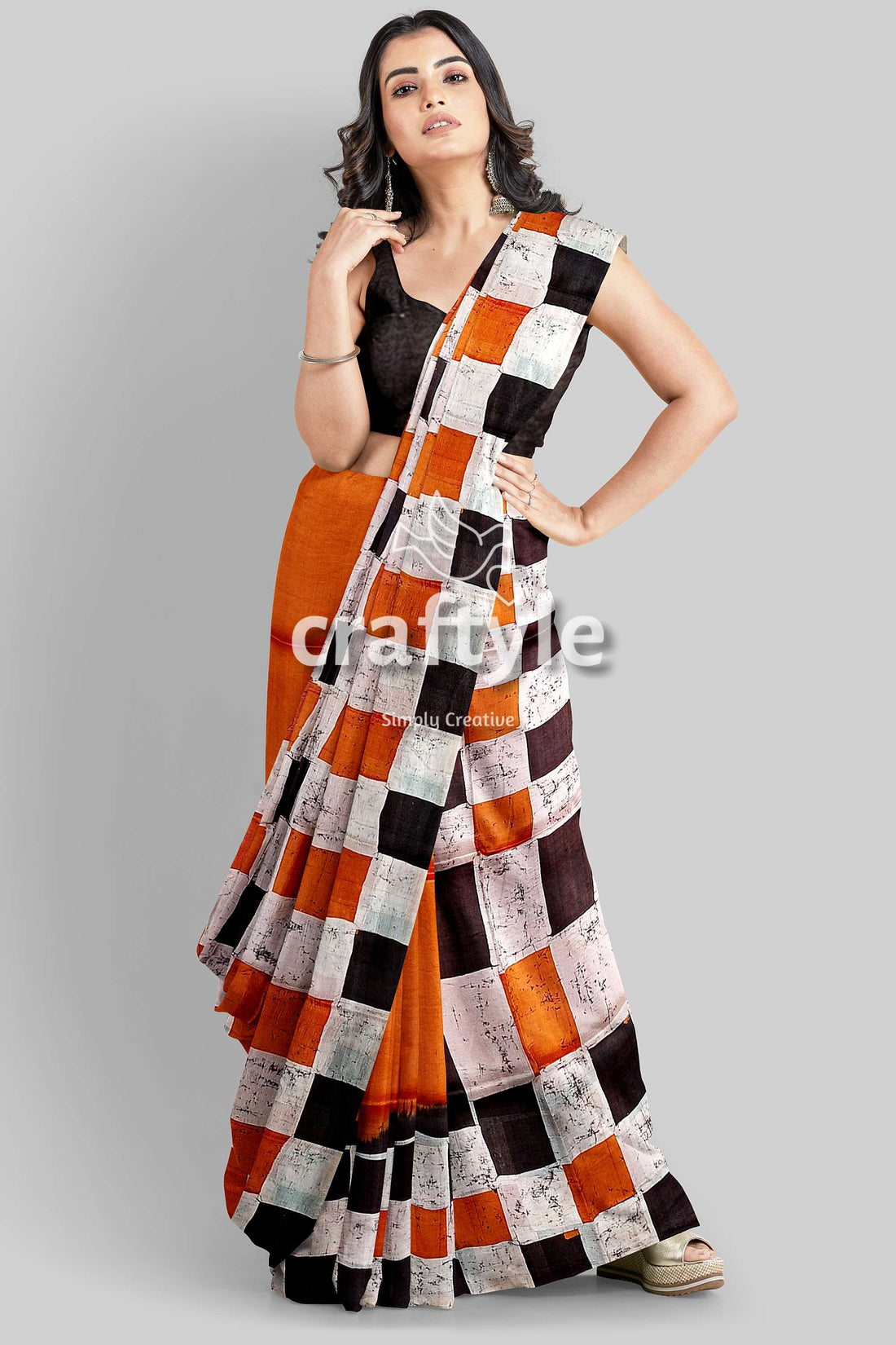 Cocoa Brown and Black Hand Batik Mulberry Pure Silk Saree - Batik Silk Saree - Craftyle