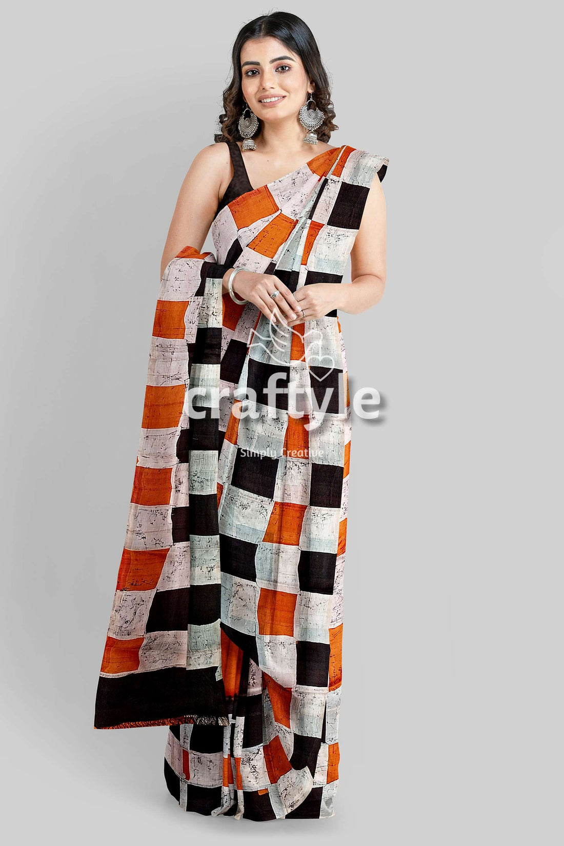 Cocoa Brown and Black Hand Batik Mulberry Pure Silk Saree - Batik Silk Saree - Craftyle