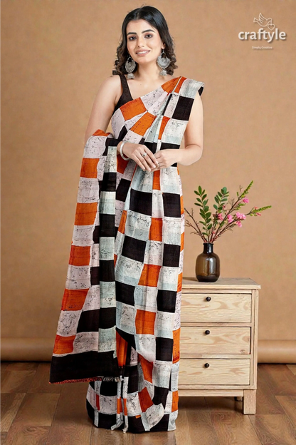 Cocoa brown and black hand batik mulberry pure silk saree - 4