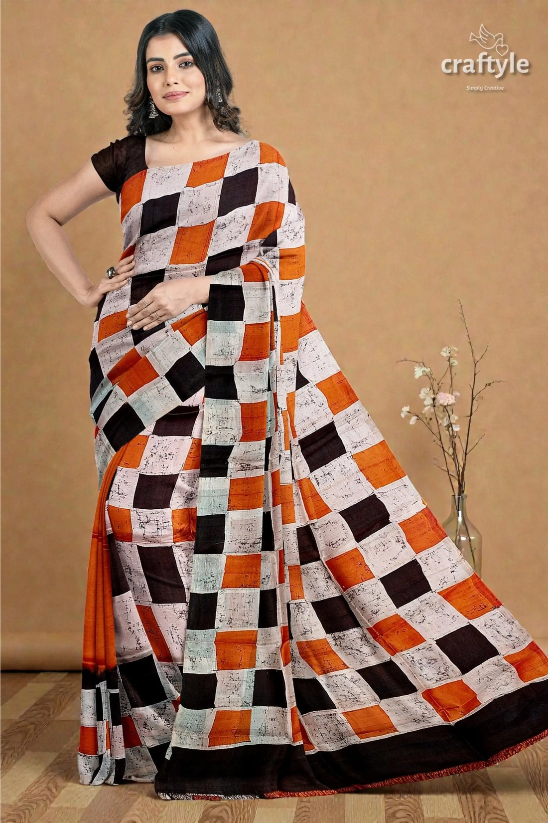 Cocoa brown and black hand batik mulberry pure silk saree - 2