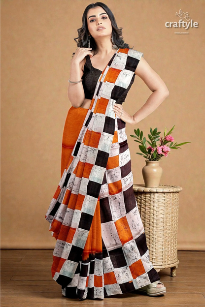 Cocoa brown and black hand batik mulberry pure silk saree - 3