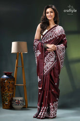 Cocoa brown gujrati stitch ethnic silk sari with white embroidery maroon white saree intricate designs 5