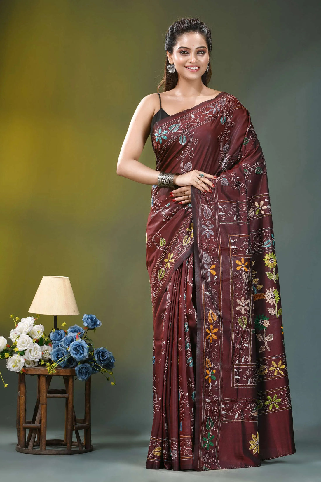 Coffee brown bird motif silk kantha stitch saree maroon silk saree adorned intricate 1