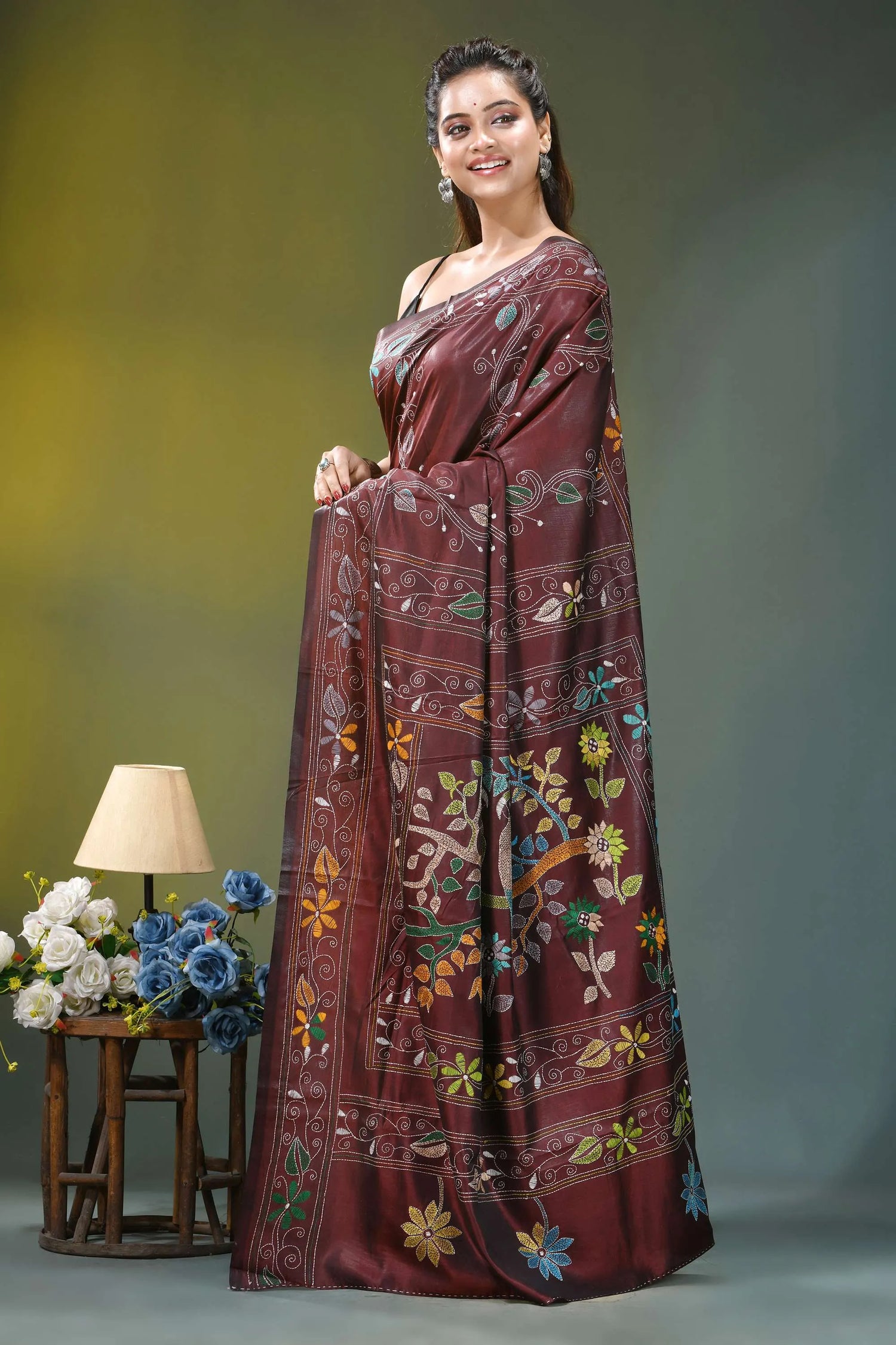 Coffee brown bird motif silk kantha stitch saree maroon silk saree adorned intricate 3