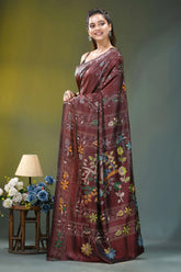 Coffee brown bird motif silk kantha stitch saree maroon silk saree adorned intricate 3