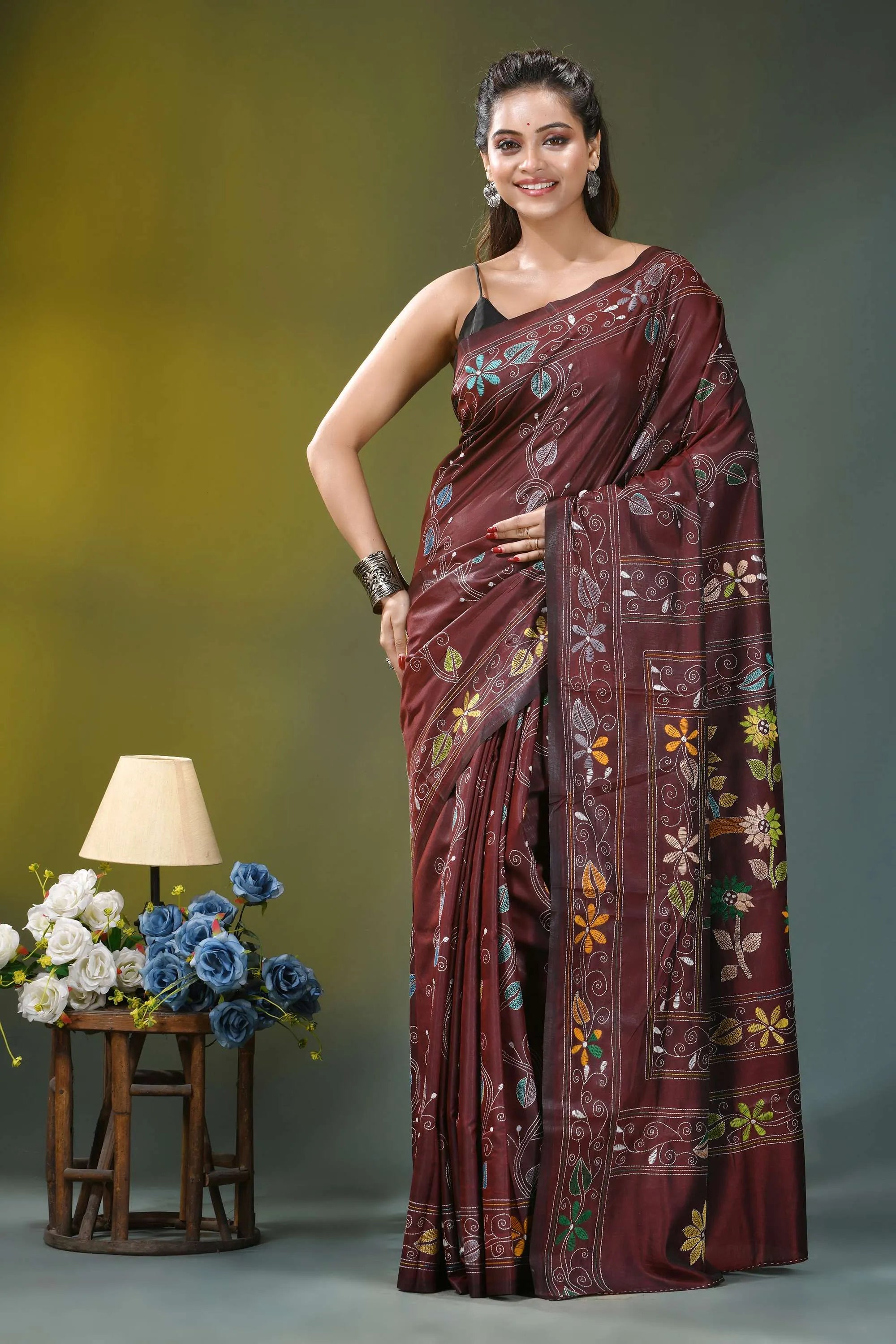 Coffee brown bird motif silk kantha stitch saree maroon silk saree adorned intricate 6