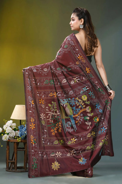 Coffee brown bird motif silk kantha stitch saree maroon silk saree adorned intricate 4
