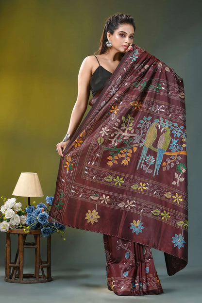 Coffee brown bird motif silk kantha stitch saree maroon silk saree adorned intricate 5