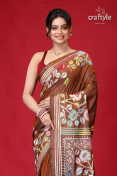 Coffee Brown Hand Embroidered Silk Kantha Saree-Craftyle