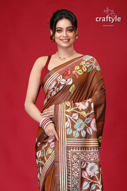 Coffee Brown Hand Embroidered Silk Kantha Saree-Craftyle