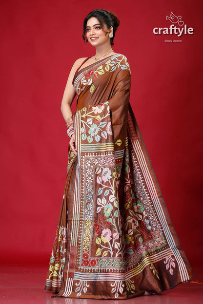 Coffee Brown Hand Embroidered Silk Kantha Saree-Craftyle