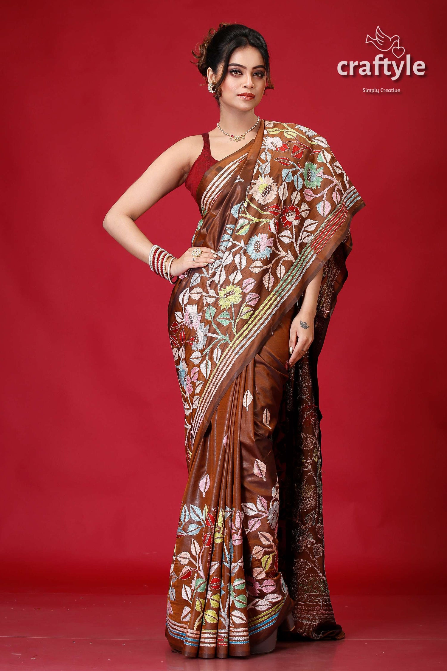 Coffee Brown Hand Embroidered Silk Kantha Saree-Craftyle