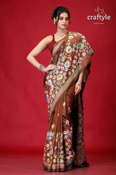 Coffee Brown Hand Embroidered Silk Kantha Saree-Craftyle