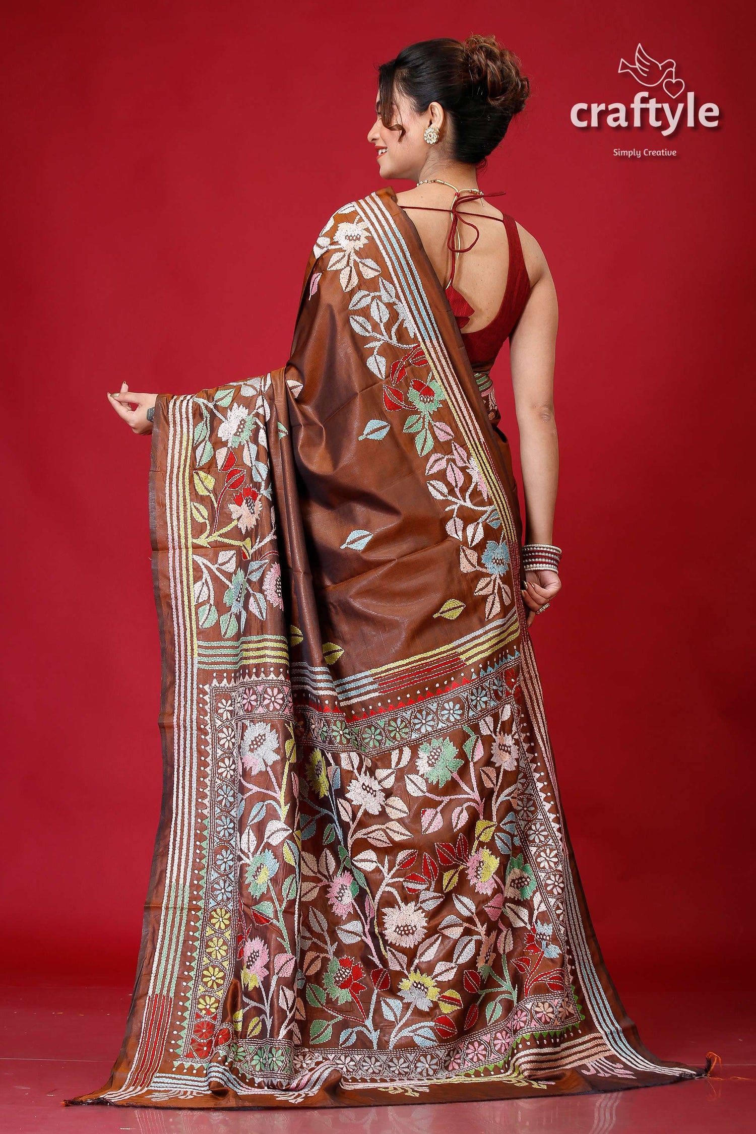 Coffee Brown Hand Embroidered Silk Kantha Saree-Craftyle