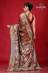 Coffee Brown Hand Embroidered Silk Kantha Saree-Craftyle