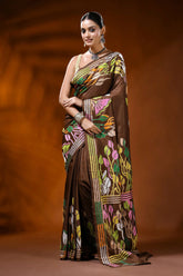 Coffee brown hand embroidered silk kantha saree with leaf floral motif 6