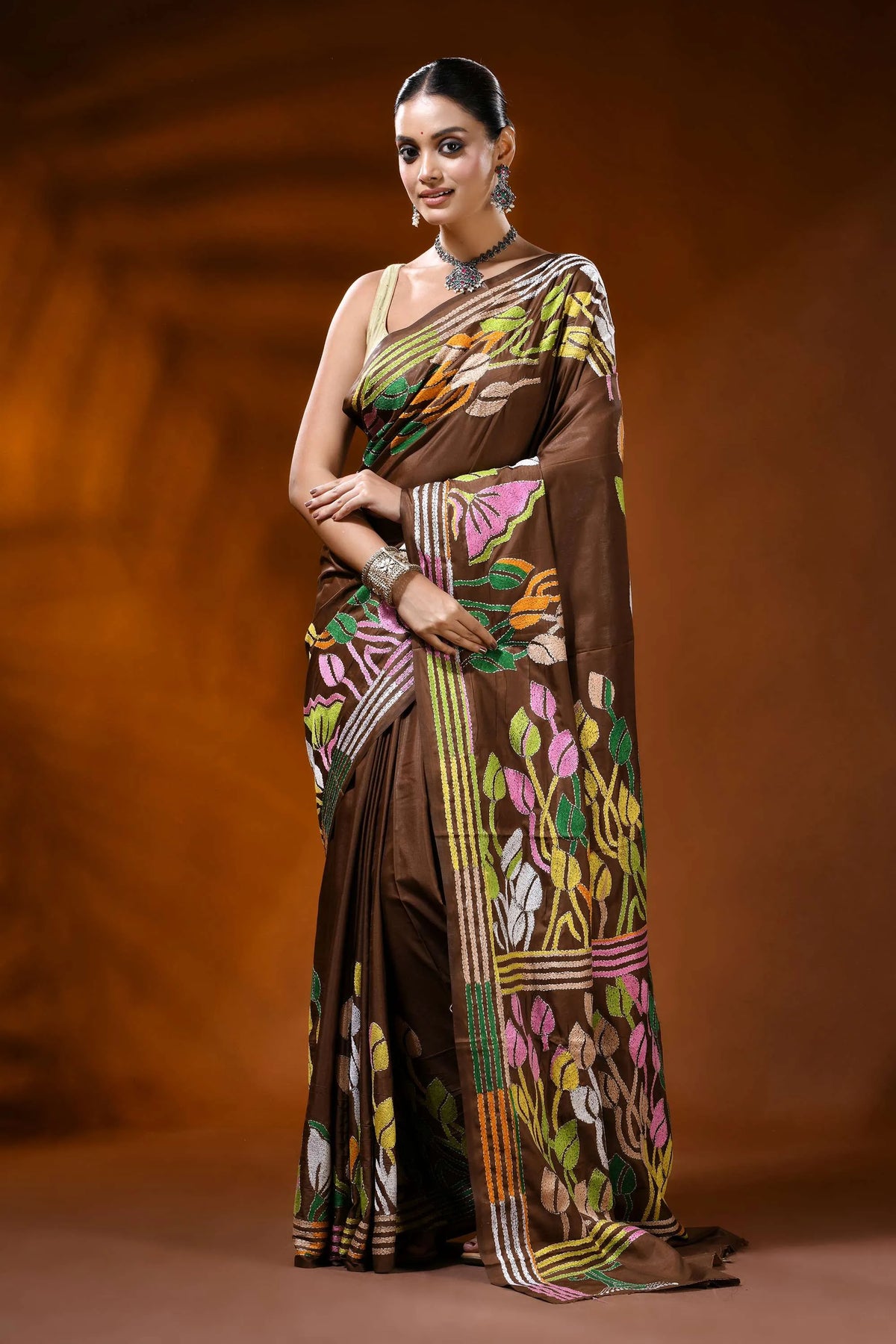 Coffee brown hand embroidered silk kantha saree with leaf floral motif 6