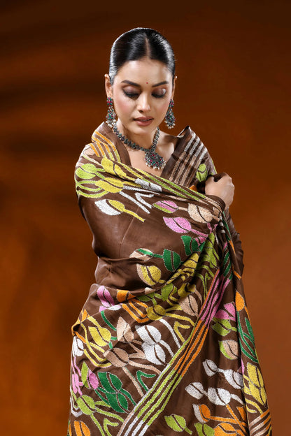 Coffee brown hand embroidered silk kantha saree with leaf floral motif 2