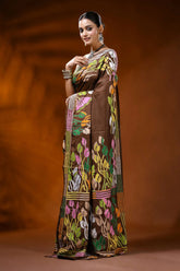 Coffee brown hand embroidered silk kantha saree with leaf floral motif 3