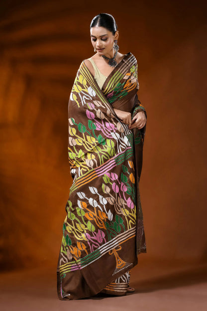 Coffee brown hand embroidered silk kantha saree with leaf floral motif 4