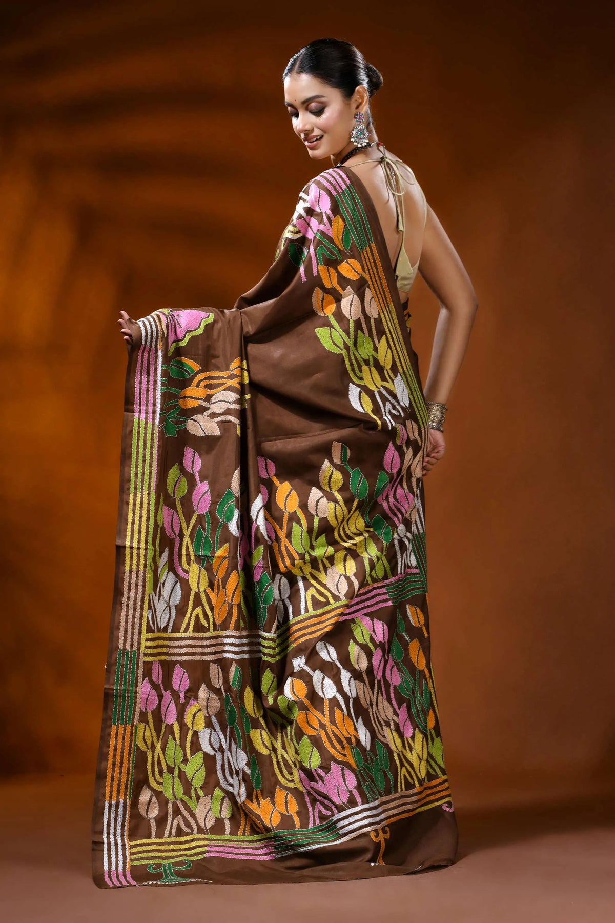 Coffee brown hand embroidered silk kantha saree with leaf floral motif 5