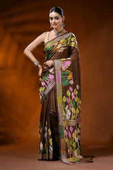 Coffee brown hand embroidered silk kantha saree with leaf floral motif 1