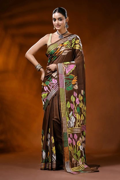 Coffee brown hand embroidered silk kantha saree with leaf floral motif 1