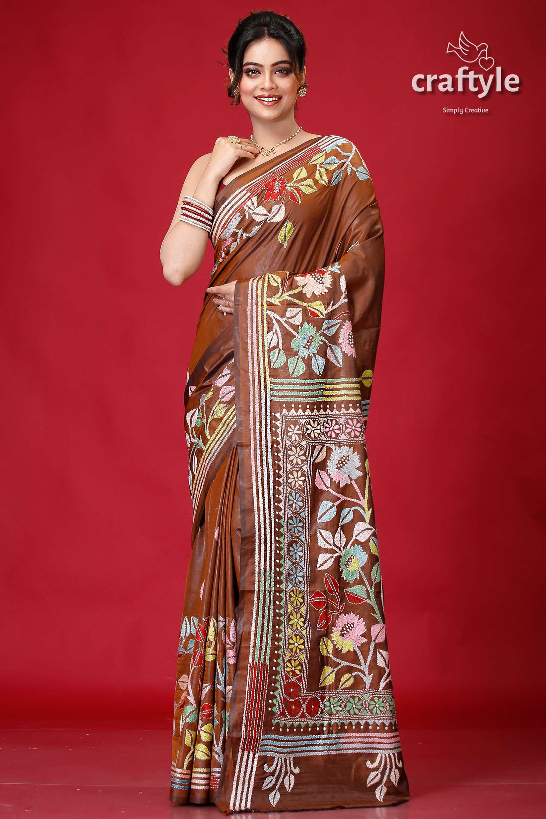 Coffee Brown Hand Embroidered Silk Kantha Saree-Craftyle
