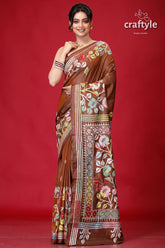 Coffee Brown Hand Embroidered Silk Kantha Saree-Craftyle
