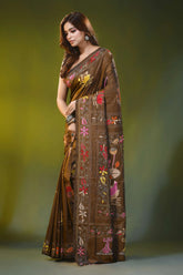 Coffee brown kantha silk saree with handmade swan floral design 3