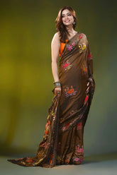 Coffee brown kantha silk saree with handmade swan floral design 4