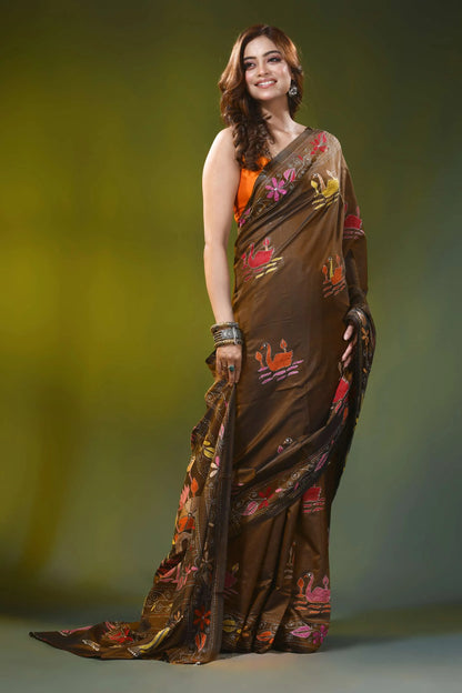 Coffee brown kantha silk saree with handmade swan floral design 4