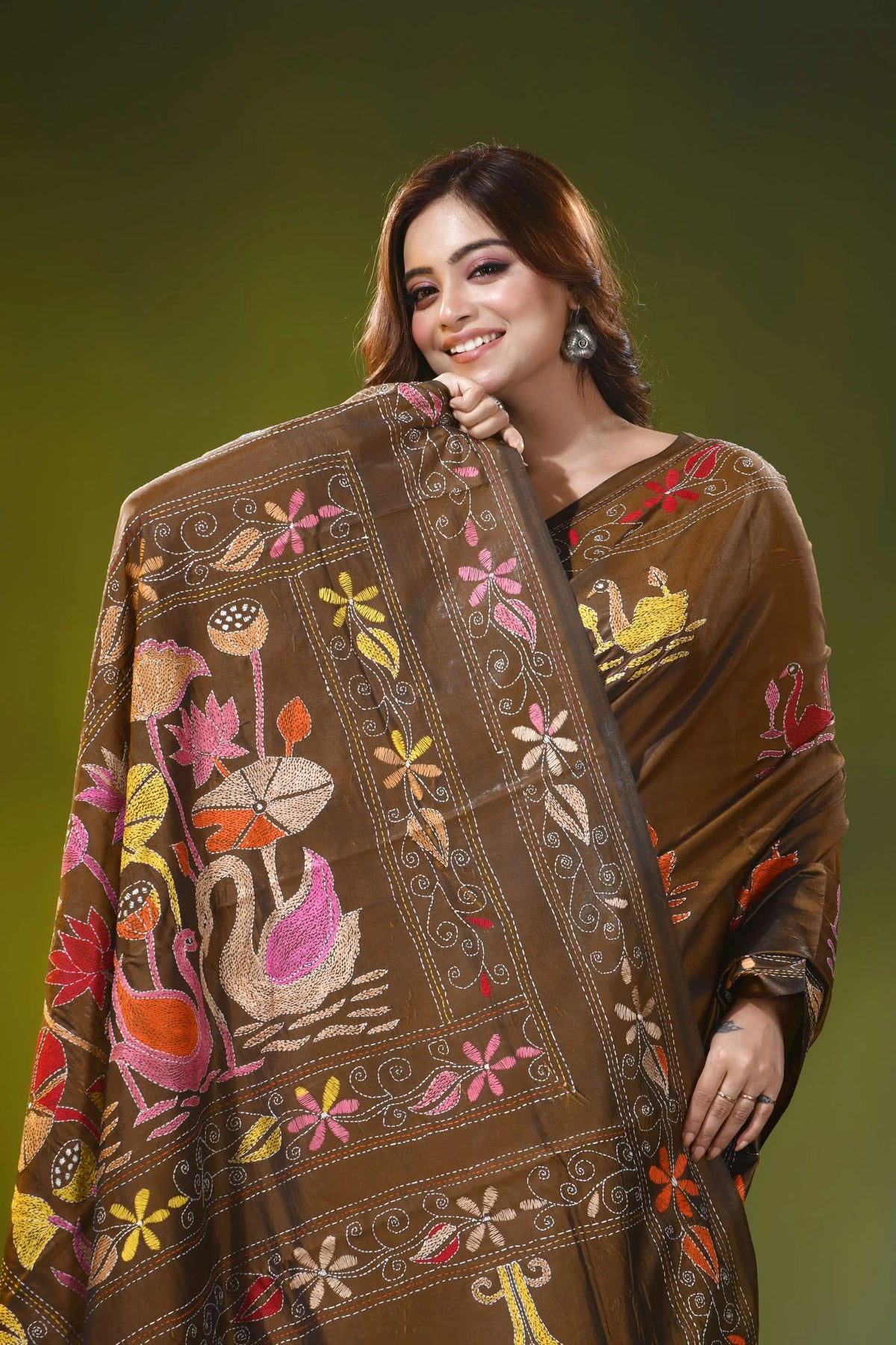 Coffee brown kantha silk saree with handmade swan floral design 2