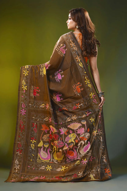 Coffee brown kantha silk saree with handmade swan floral design 5